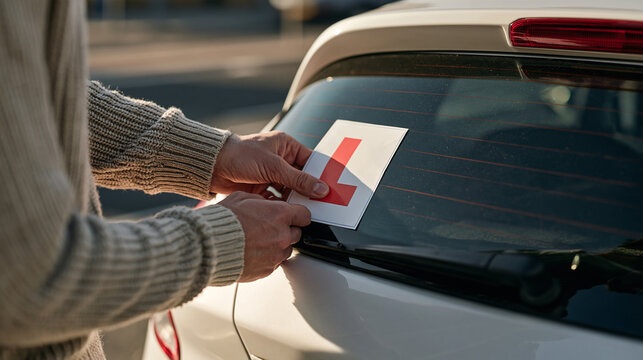 Hands showing a learner driver sticker being applied to rear windshield of first car, red letter L symbol, new driver identification, UK driving culture, first car preparation,
