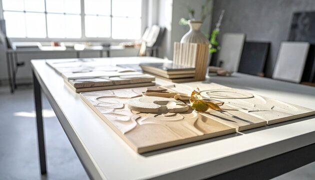 Sculptural clay art tiles on a table with tools in a sunlit artist studio ceramic art clay work pottery tools handmade cera