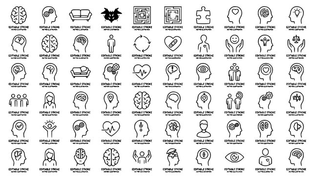 Mental Health and Psychology Icon Set with Brain, Therapy Couch, Wellbeing, Mindfulness, Support Hands and Emotional Care Line Icons