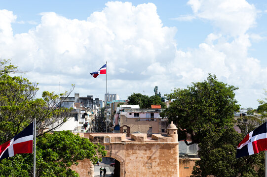 Dominican Republic Flags Flying Over Historic Colonial Santo Domingo