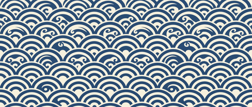 Seamless Japanese Wave Pattern, Traditional Blue and White Textile Design