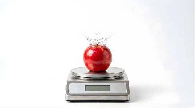 Red apple splashing into water on a digital kitchen scale