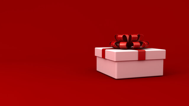 White present box open or white gift box with red ribbons and bow isolated over dark red background with shadow and blank copy space on the left side minimal conceptual 3D rendering