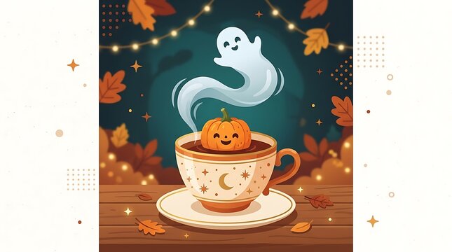 Cute ghost and pumpkin in a coffee cup for halloween