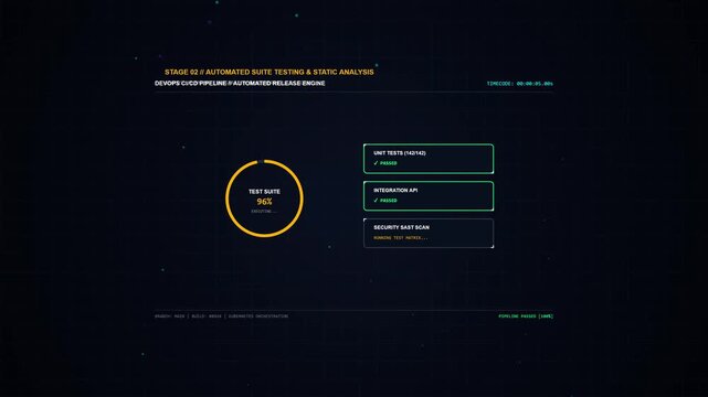 Dark screen shows futuristic data analytics interface. Central circular gauge displays live metrics with glowing orange outline. Three rectangular panels list system statuses and numerical values
