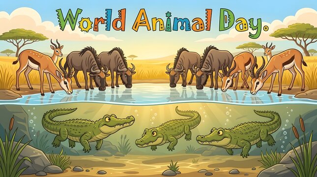 World animal day scene featuring wild african safari creatures.