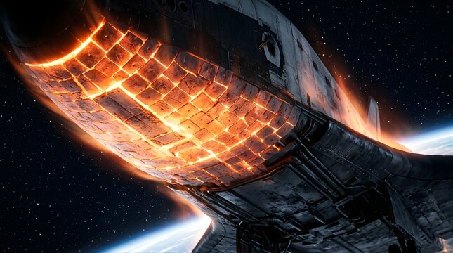 Space shuttle reentering atmosphere with glowing heat shield tiles