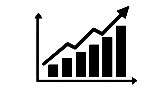 Minimalist business growth bar chart showing upward trend with ascending arrow flat silhouette icon for financial data presentation infographic