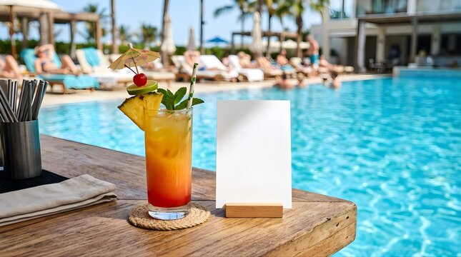 Tropical cocktail drink with menu card on a wooden table by the pool