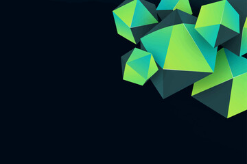 Obraz premium Abstract Modern 3D Geometric Low Poly Green Crystals on Dark Background.