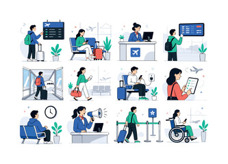 Fototapeta premium Airport Gate Visual Series. Boarding areas, gate signs, waiting seats, desks, flight screens, jet bridges, carry-on luggage, charging, announcements, priority lanes, accessibility, and terminal
