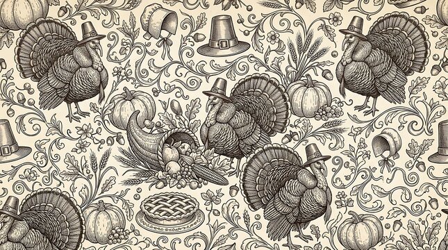 Vintage thanksgiving seamless pattern with turkeys and harvest elements