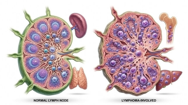 Comparison of a normal lymph node and a lymph node affected by swelling or metastasis with immune system human body medical illu