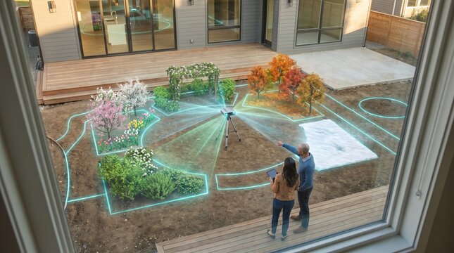 Garden reconstruction projection. A holographic landscape plan projected into a backyard. Homeowners review the future outdoor layout before renovation.