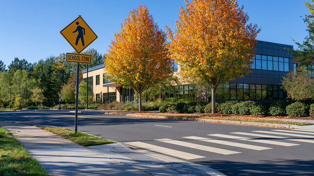 School zone warning sign positioned beside a pedestrian crosswalk in front of a bright modern elementary school, autumn trees and fallen leaves, sunny daylight, clean roadway and sidewalk, child ped