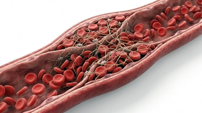 Human blood vessel with a thrombus obstruction and red blood cells trapped in a fibrin mesh blood clot human body medical illus