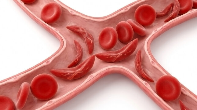 Medical 3D illustration of red blood cells including sickle cells flowing through a branching blood vessel with sickle cell