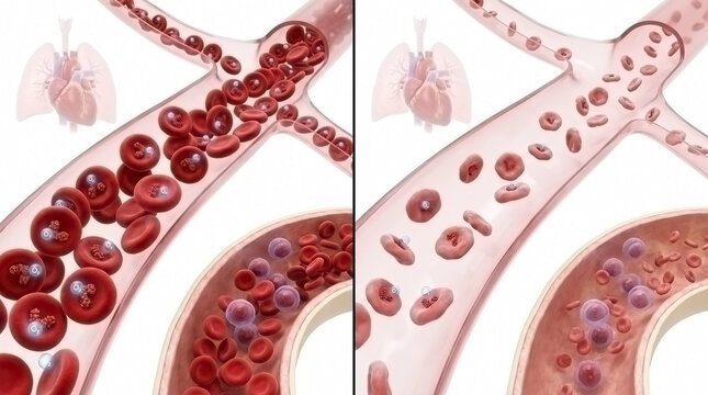 Medical illustration comparing healthy blood flow and blood cells versus those affected by iron deficiency anemia with human body