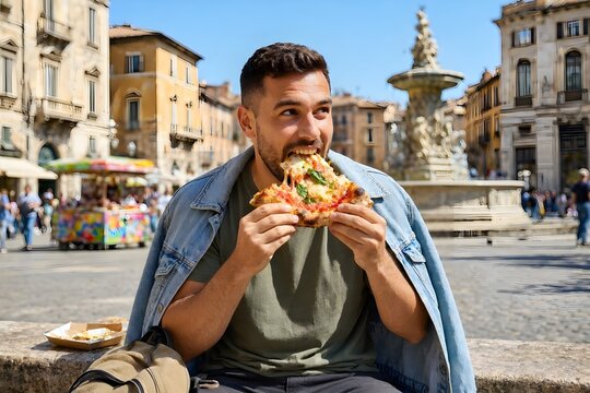 uomo che mangia una piazza nel centro di una citt&agrave;