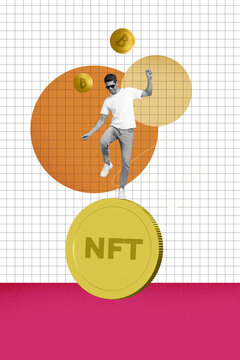 Vertical collage picture young man nft virtual currency trader golden coin token investor success rich checkered background