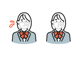 Fototapeta premium シンプル イラスト マスクを着用する女子学生のベクターイラストセット
