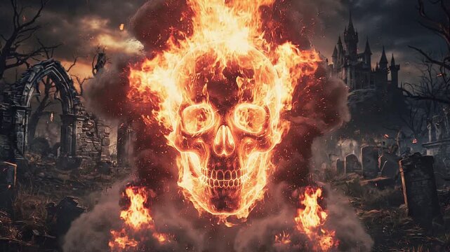 Impresionante calavera envuelta en intensas llamas en una noche oscura con luna creciente y siluetas de &aacute;rboles. Fuego ardiente y humo denso crean un efecto dram&aacute;tico y misterioso.