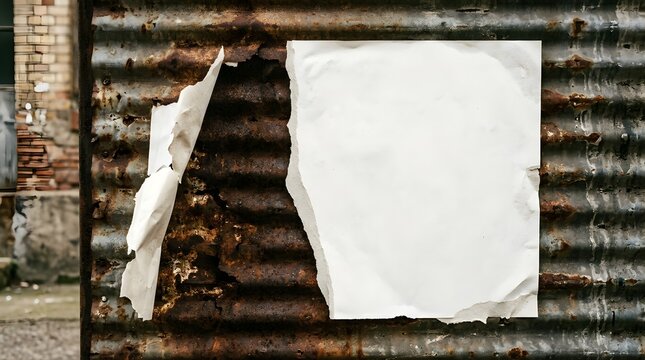 Blank torn white paper sheet on rusted corrugated metal wall surface