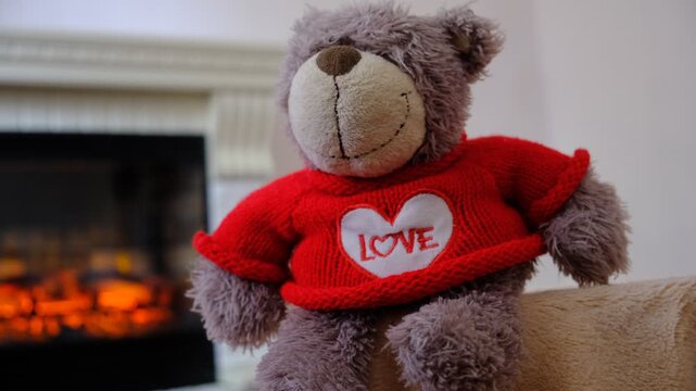 Plush teddy bear  by the fireplace, cozy living room, soft blanket is draped over the armchair, quietly enjoying the serene atmosphere. Happy time at the home.