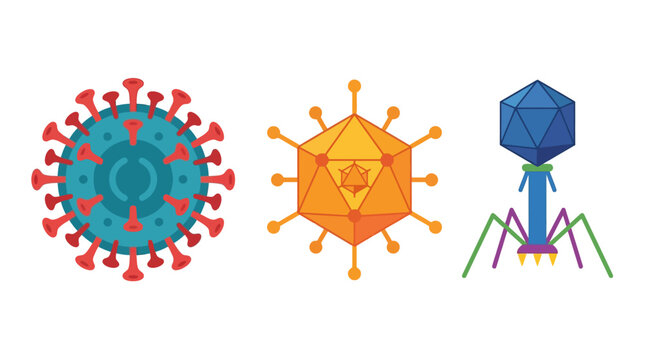 Pathogens including coronavirus and bacteriophage vector graphics arranged horizontally.
