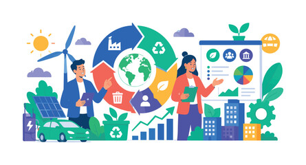 Naklejka premium Climate Responsible Enterprise — bright colorful flat vector banner with 2 expressive business characters managing oversized circular economy, green energy, recycling, climate chart, company, and ESG