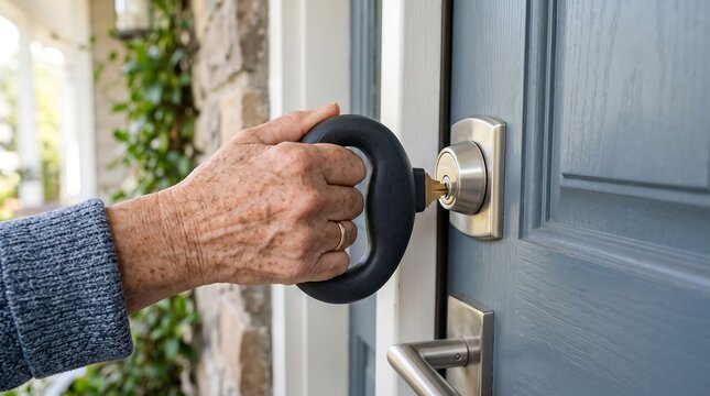 Senior hand using key turner aid tool to unlock house front door lock