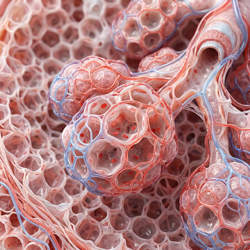 Close-up of lung alveoli in honeycomb structure with air sacs  