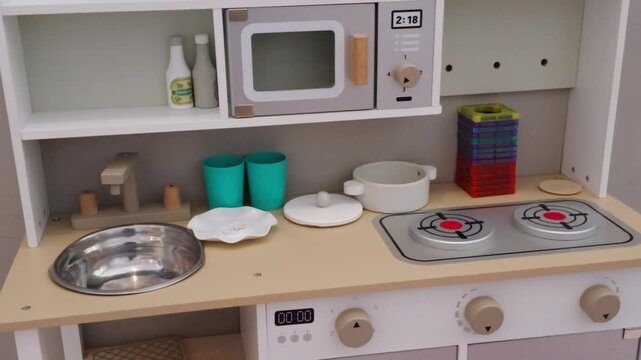Wooden toy kitchen playset with stove sink microwave and accessories for toddlers.