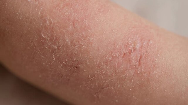 A child has a skin condition on their arm shown in four frames. The images display the changes in the skin's texture and appearance over a period of time