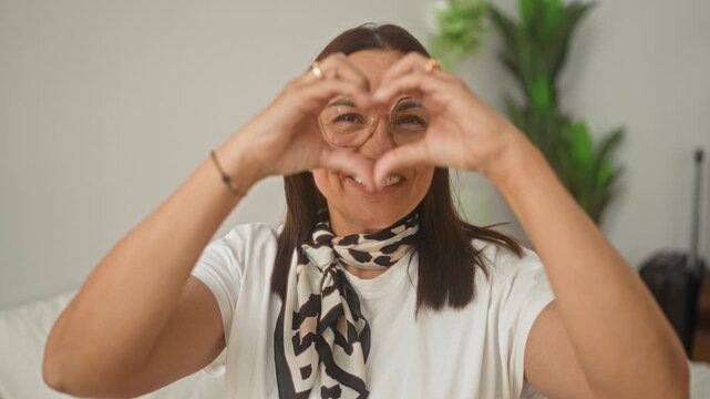 Woman forming heart with hands while wearing scarf and glasses in building; warm affectionate sincere joy.