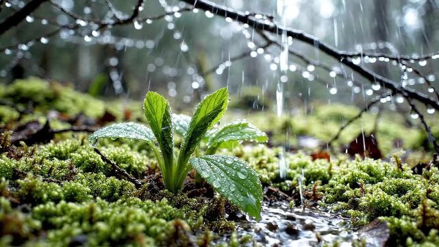 raindrops falling from a twig onto a green leaf