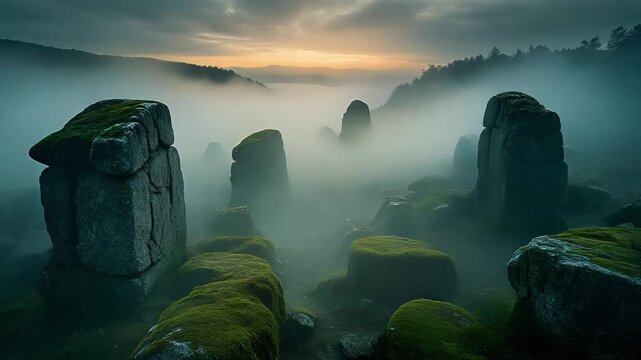 Misty Ancient Standing Stones at Dawn in Scottish Highlands Landscape