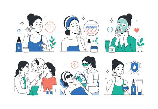 Anti Aging Skincare, clean editorial illustration set of 6 separate mini scenes in a 3x2 layout showing wrinkle serum, collagen treatment, facial mask, filler consultation, laser therapy and hydration