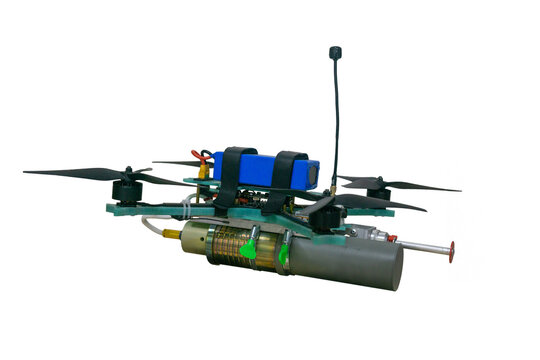 military quadcopter carrying an explosive device, isolated on a white background.