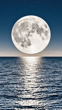  enormous glowing full moon, moonlight creating a long shimmering reflection across perfectly calm dark blue water