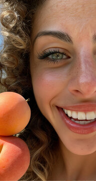 Cheerful Beauty Portrait with Mango and Apricot. Perfect for fruit, wellness, skincare, and lifestyle campaigns.