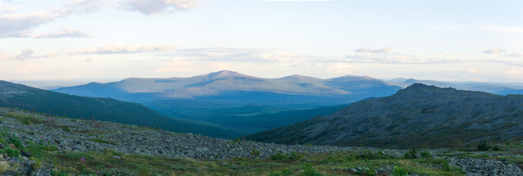 Panoramic view of the mountains in the Northern Urals, Russia
