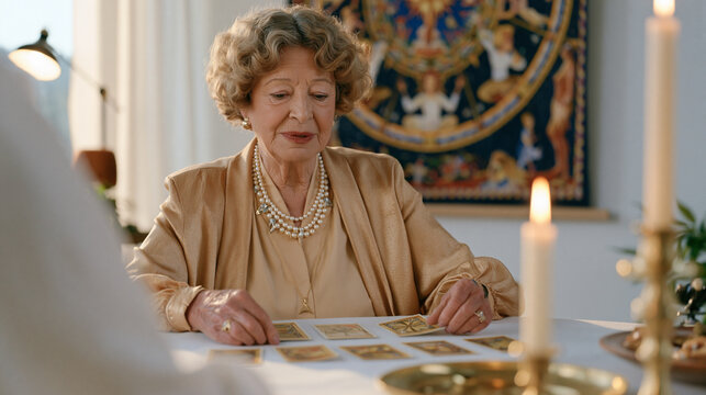 Tarot reader seated alone at a minimalist studio table under a single spotlight, aged hands spreading ornate cards deliberately, an elderly woman's steady gaze fixed on a compass