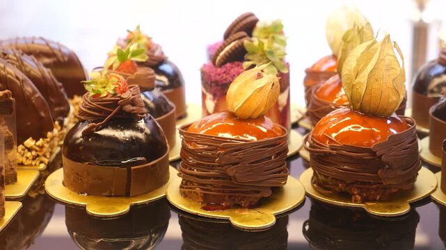 Camera panning across variety of artisanal chocolate and caramel desserts with fresh fruits on display