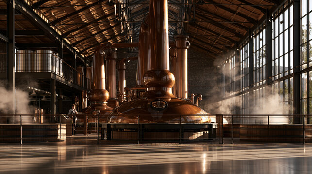 Wide establishing shot of a whisky distillery interior, copper pot stills towering under timber rafters, steam rising from the wash backs, a single worker at the spirit safe