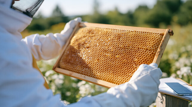 Beekeeper's gloved hands lifting a frame of honeycomb from a hive in a wildflower meadow, close up capturing hexagonal wax cells glistening in natural daylight, a wellness journal