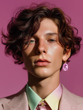 Androgynous Model in Pink Suit with Floral Earring. Perfect for avant garde fashion, jewelry, and editorial campaigns.