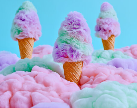 Pastel Ice Cream Cones Floating Above Cotton Candy Clouds. Ideal for dessert branding, childrens design, and whimsical promotions.