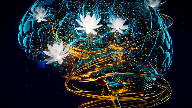 Strukturierte Gehirn-Visualisierung mit digitalen Schaltungen und Seerosen &ndash; Neuromorpher KI-Rendering-Entwurf