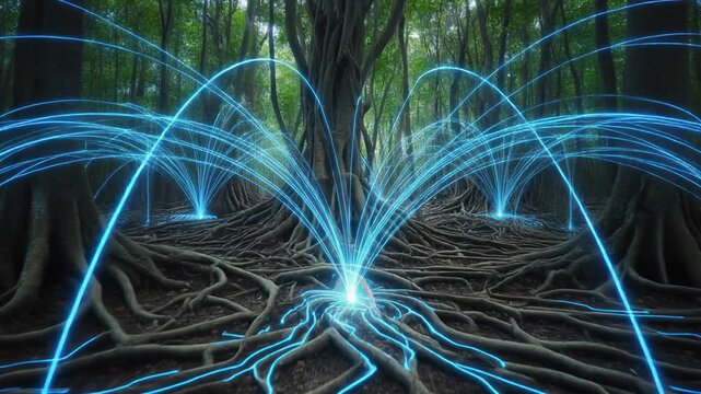 Mystical Forest Roots Connect with Futuristic Blue Energy Streams